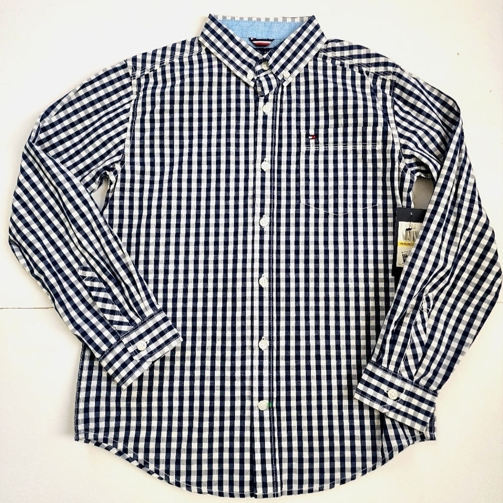 NWT Tommy Hilfiger Boys Navy Gingham Collar Shirt, Size Medium (12/14)